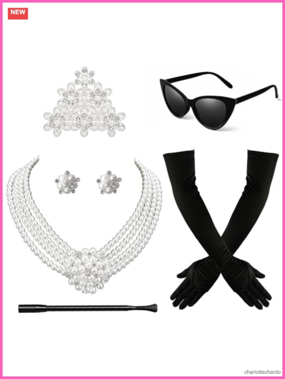 1920s Flapper Costume Accessory Set Faux Pearl Cat Eye Sunglasses Gloves
